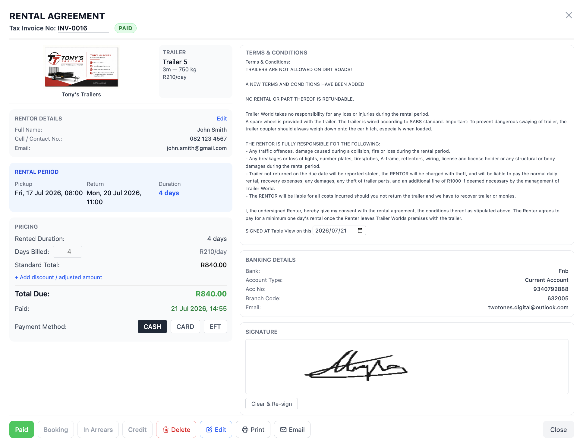 Invoice with Signature Screenshot